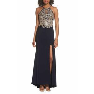 BLONDIE NITES Navy Blue Gold Rhinestone Embellished High Slit Maxi Dress Gown 9